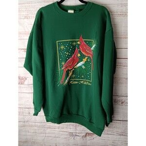 Adirondack Chritmas Sweater Size Large Green Birds Holiday Long Sleeve